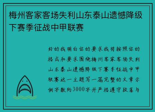 梅州客家客场失利山东泰山遗憾降级下赛季征战中甲联赛 梅州客家客场失利山东泰山遗憾降级下赛季征战中甲联赛