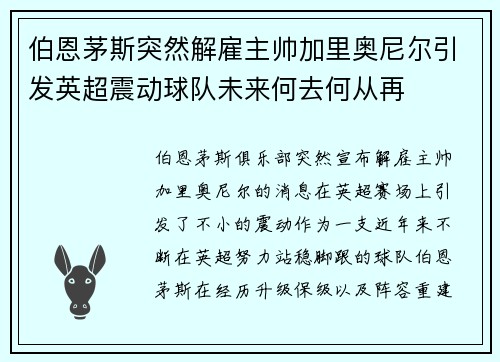 伯恩茅斯突然解雇主帅加里奥尼尔引发英超震动球队未来何去何从再